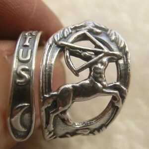 Anillo ajustable de plata de ley 925 maciza con diseño de arquero de Sagitario y cuchara de cumpleaños. imagen 7