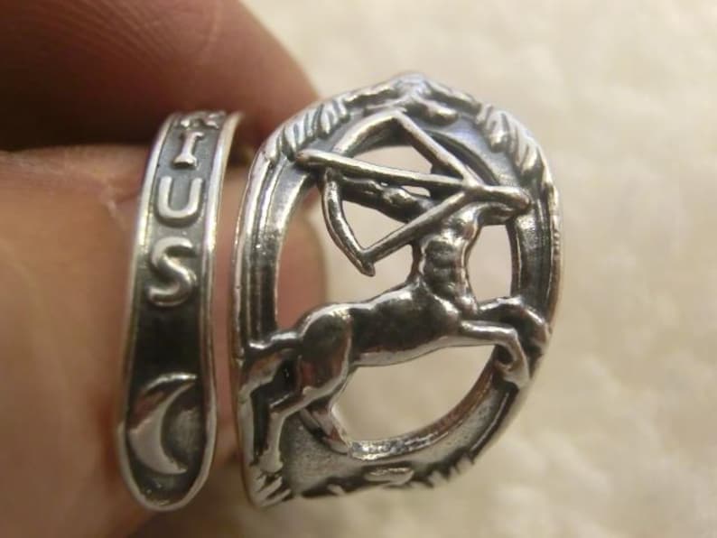 Anillo ajustable de plata de ley 925 maciza con diseño de arquero de Sagitario y cuchara de cumpleaños. imagen 7