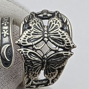 Solid 925 Sterling Silver Butterfly Pair Sun Moon Forget-Me-Not Flowers Adjustable Spoon Ring Style