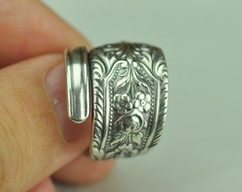 Solid 925 Sterling Silver Floral Adjustable Spoon Ring