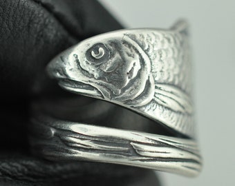 Large Solid 925 Sterling Silver Large Heavy Fish Adjustable Spoon Ring