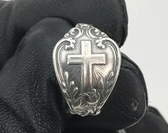 Dainty Solid 925 Sterling Silver Cross Bell Flower Floral Adjustable Spoon Ring