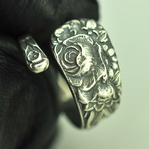 Dainty Solid 925 Sterling Silver Rose Flower Floral Adjustable Spoon Ring
