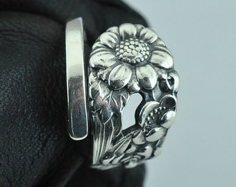 Solid 925 Sterling Silver daisy Flower Floral Adjustable Spoon Ring