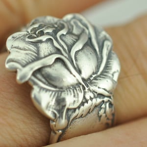 Solid 925 Sterling Silver Rose Flower Floral Adjustable Spoon Ring