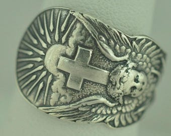 Solid 925 Sterling Silver Dainty Cross Bell Sun Rising Flower Floral Adjustable Spoon Ring - Different Materials Available