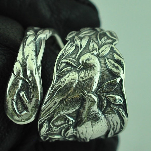 Solid 925 Sterling Silver Birds Adjustable Spoon Ring