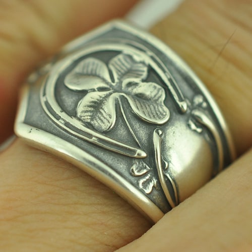 Bague cuillère ajustable porte-bonheur en argent sterling 925 massif trèfle à quatre feuilles trèfle