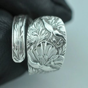 Solid 925 Sterling Silver Poppy Flower Floral Adjustable Spoon Ring