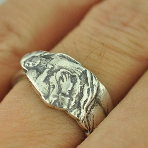 Dainty Solid 925 Sterling Silver Mary and Jesus Adjustable Spoon Ring