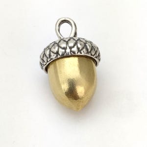 May include: A silver and gold acorn charm with a loop for hanging. The acorn is detailed with a textured cap and a smooth, rounded body.