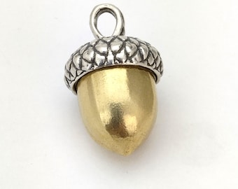 Puede incluir: Un amuleto de bellota de plata y oro con un lazo para colgar. La bellota está detallada con una tapa texturizada y un cuerpo liso y redondeado.