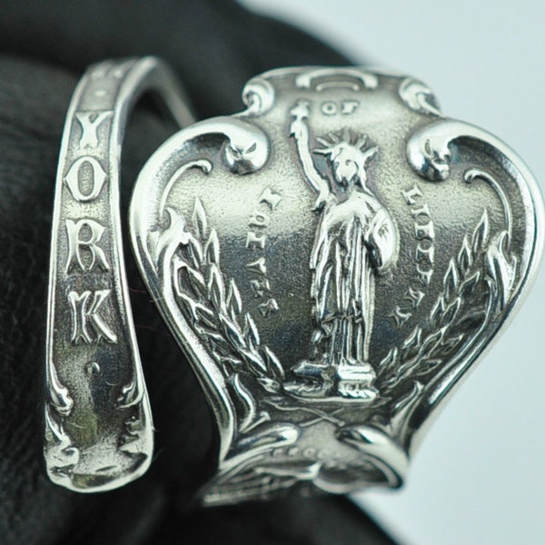 Bague cuillère ajustable en argent sterling 925 avec statue de la liberté de New York