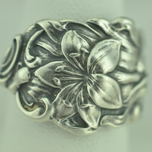 Solid 925 Sterling Silver Lily Flower Adjustable Spoon Ring