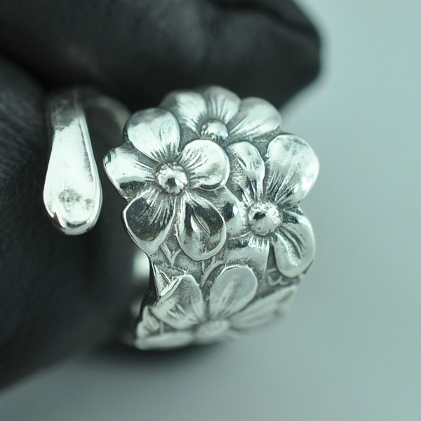 Dainty Solid 925 Sterling Silver Flower Floral Adjustable Spoon Ring