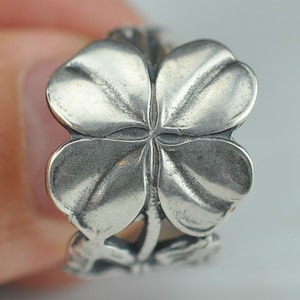 Solid 925 Sterling Silver Four-Leaf-Clover Flower Good Luck Adjustable Spoon Ring