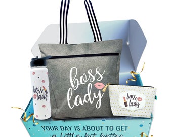 Boss Lady Gifts for Women - Zippered Pocket Canvas Tote Bag for Bosses, Manager, Chaos Coordinator (Boss Lady Box Gift Box)