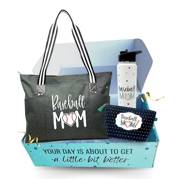 Brooke and Jess Designs - Baseball Mom Tessa Black Tote Bag, 24 oz Waterbottle Tumbler, and Janie Makeup Cosmetic Bag Gift Box Set