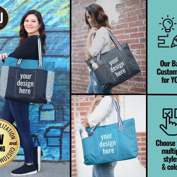 Custom-designed personalized Brooke & Jess Designs Functional and Durable LouLou and Tessa Tote Work Bags with zipper laptop compartment