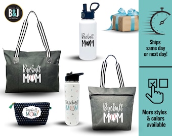 May include: A collection of baseball-themed accessories, including tote bags, water bottles, and a cosmetic bag. Each item features the text "Baseball MOM" with a heart-shaped baseball design. The bags have striped handles, and the water bottles have black lids.
