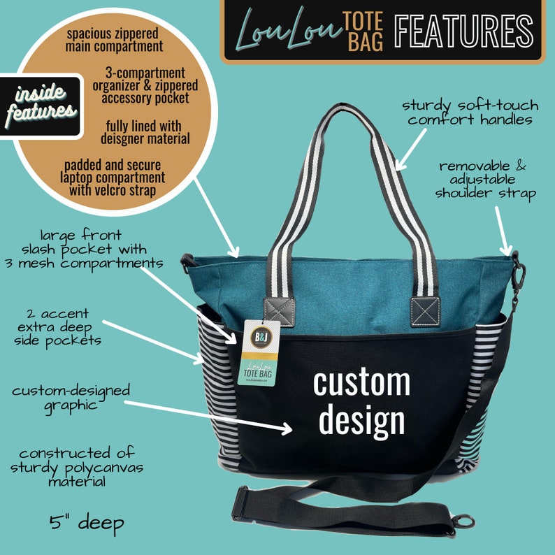 Custom-designed personalized Brooke & Jess Designs Functional and Durable LouLou and Tessa Tote Work Bags with zipper laptop compartment image 7