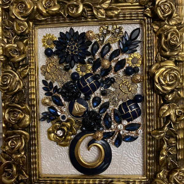 One of a kind framed vintage style jewelry art floral collage