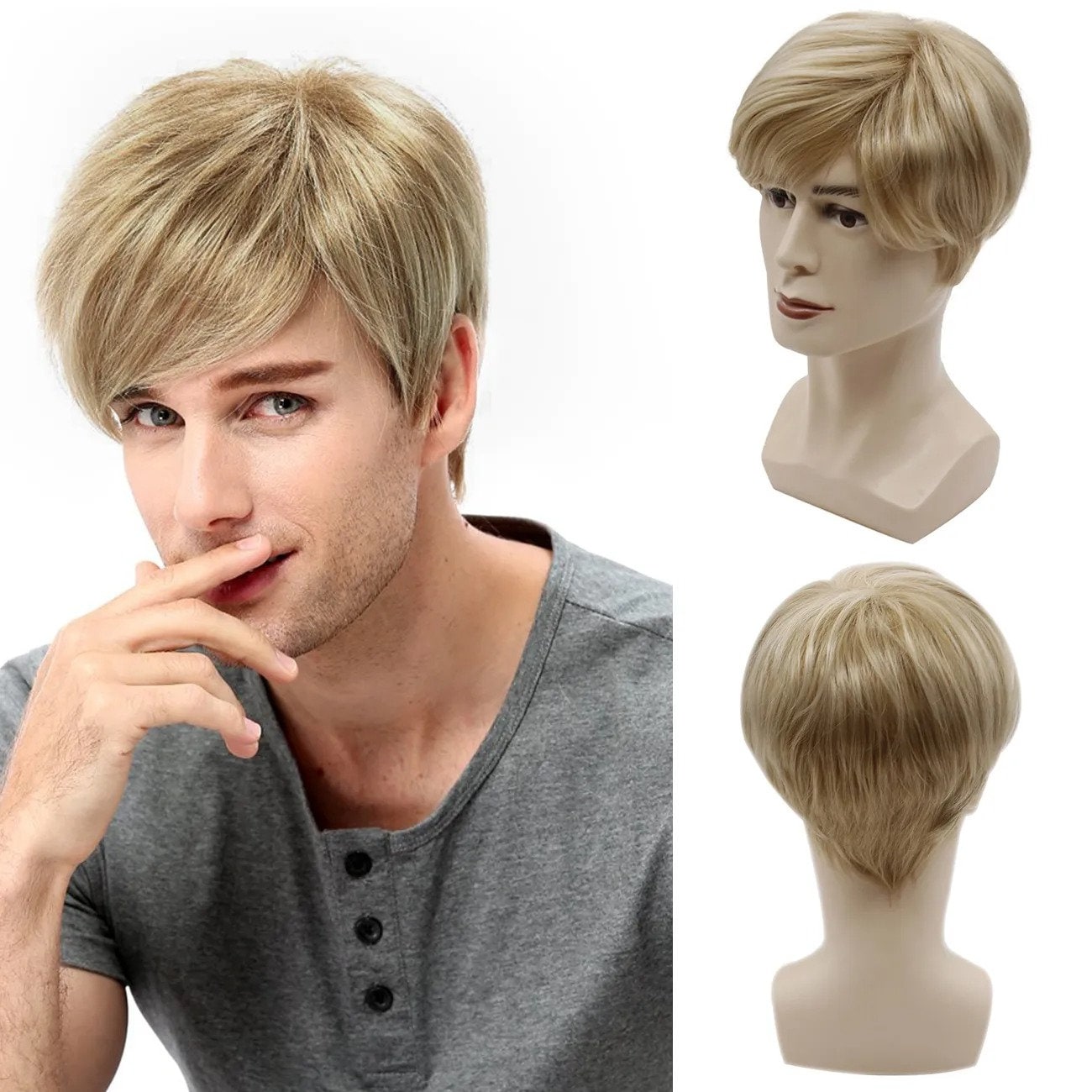Mens Wig Blonde Short Layered Natural Wave Wigs With Bangs Etsy