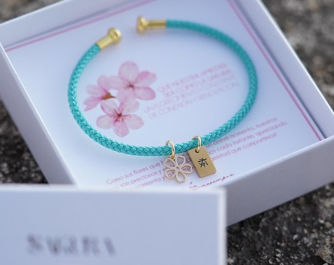 Sakura Bracelets | Personalized Bracelet | Japanese Letters | Custom Engraved | Stainless Steel Set | 18k Gold Filled | Initial Charm