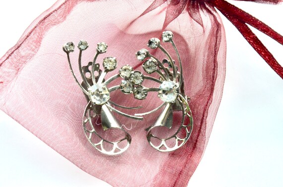 Vintage Silver and Rhinestone Bow Earrings Clip b… - image 6