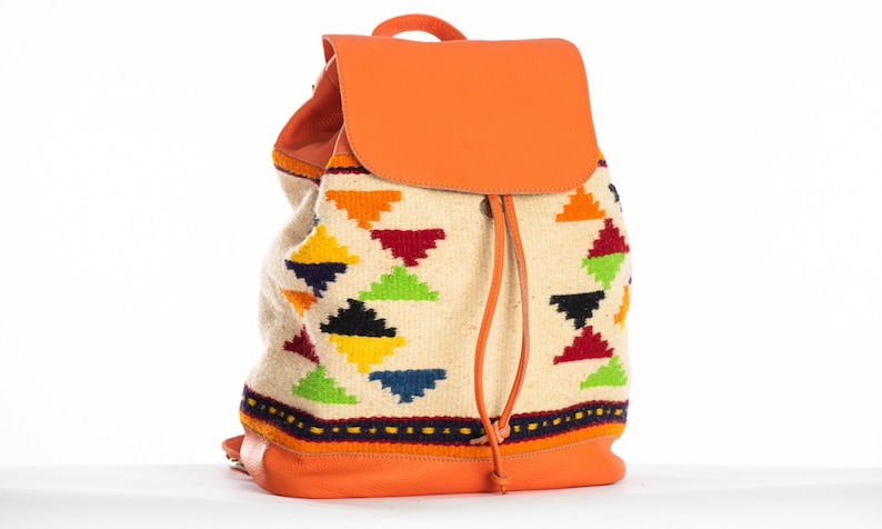 Vintage Travel Multi-Color Wool and Real Leather Backpack