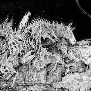 May include: Black and white ink drawing of a group of skeletal horses emerging from a swampy area. The horses are decaying and appear to be in a state of decomposition. The background is dark and ominous, with a large, dark circle in the sky.