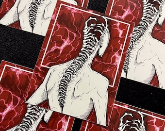May include: Five black and white illustrations of a human figure with an exposed spine on a red background with pink lightning bolts.