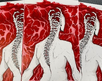 May include: Three prints of a figure with a long, segmented spine, set against a red background with pink veins. The figure is drawn in black ink and has a human-like form.