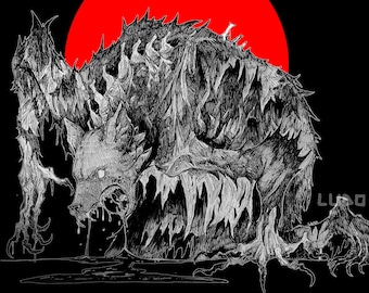 May include: A black and white illustration of a monstrous creature with sharp teeth and claws, set against a red background.