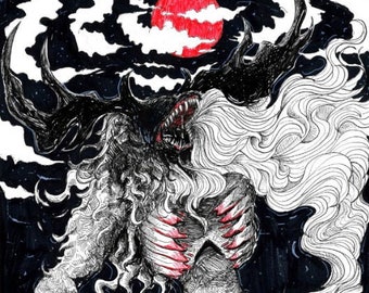 Puede incluir: Un dibujo a tinta en blanco y negro de una criatura monstruosa con una gran luna roja en el fondo. La criatura tiene una larga melena de pelo que fluye y garras afiladas. Parece estar aullando a la luna.