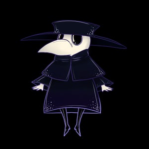 Pu&ograve; includere: Un'illustrazione di un dottore della peste in stile cartone animato che indossa una tunica nera con cappuccio e una maschera a becco lungo. Il dottore ha grandi occhi bianchi e una piccola bocca bianca. La tunica &egrave; decorata con piccoli punti bianchi.