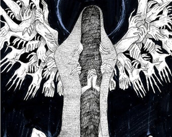 Peut inclure: Un dessin à l'encre noire et blanche d'une figure capuchonnée avec de multiples bras et mains tendues. La figure est entourée d'un fond sombre avec un croissant de lune en haut au centre.