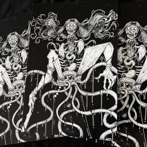 May include: A black and white art print featuring a detailed ink illustration of a supernatural creature with long flowing hair, exposed skeletal ribcage, internal organs, and elongated limbs, surrounded by dripping tentacle-like appendages.