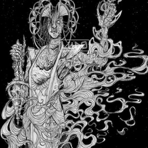 May include: A black and white line art illustration featuring a figure with a circular halo, wearing a textured gown, holding a spiked chain in one hand and emitting swirling smoke from the other, set against a dark, starry background.