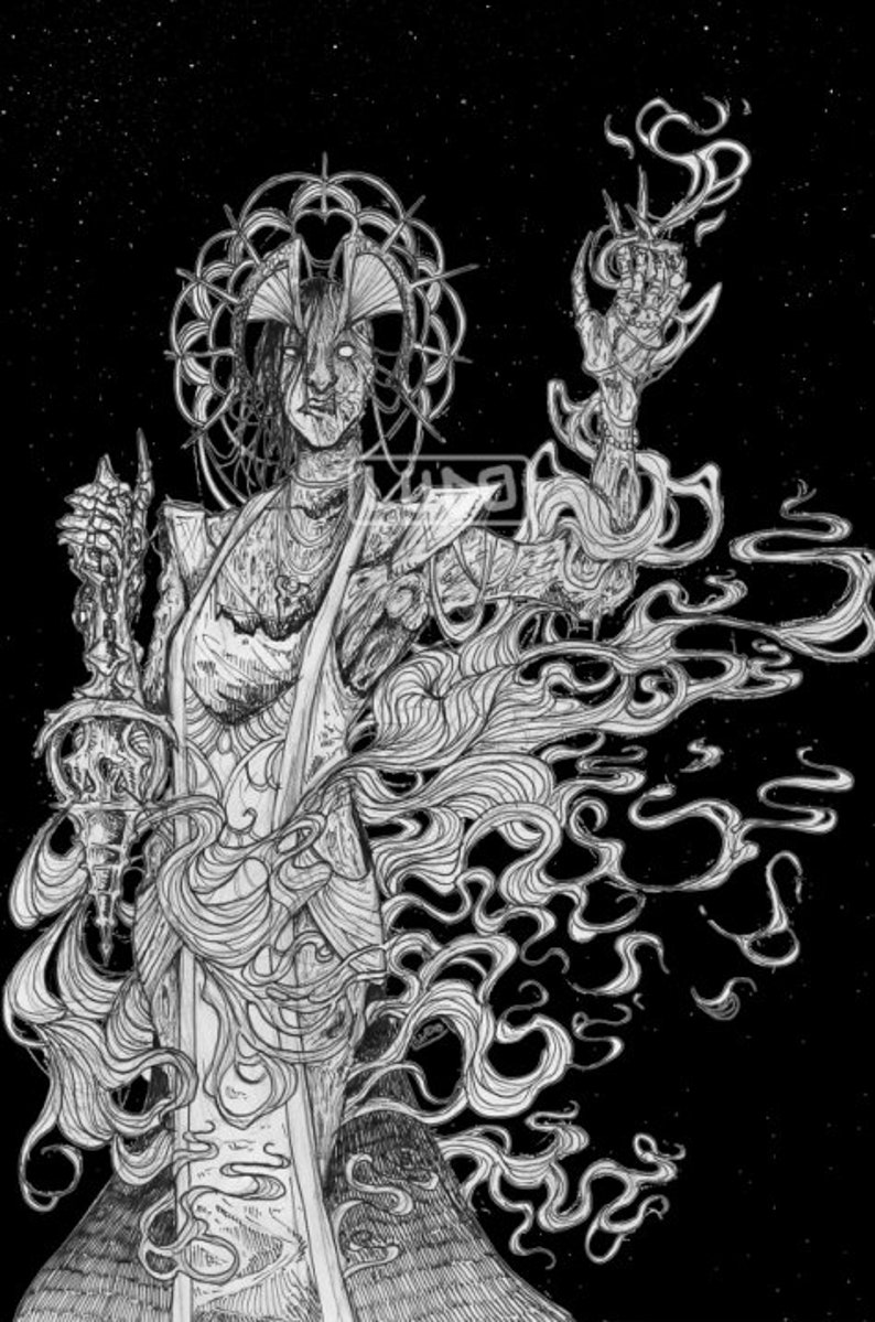 May include: A black and white line art illustration featuring a figure with a circular halo, wearing a textured gown, holding a spiked chain in one hand and emitting swirling smoke from the other, set against a dark, starry background.