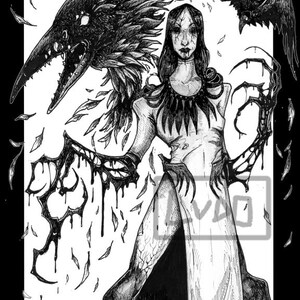May include: A black and white ink illustration featuring a pale figure in a long dress with dark, dripping appendages, surrounded by a large raven head and a smaller flying bird. The artwork includes scattered feathers and the text LVDO in the corner.