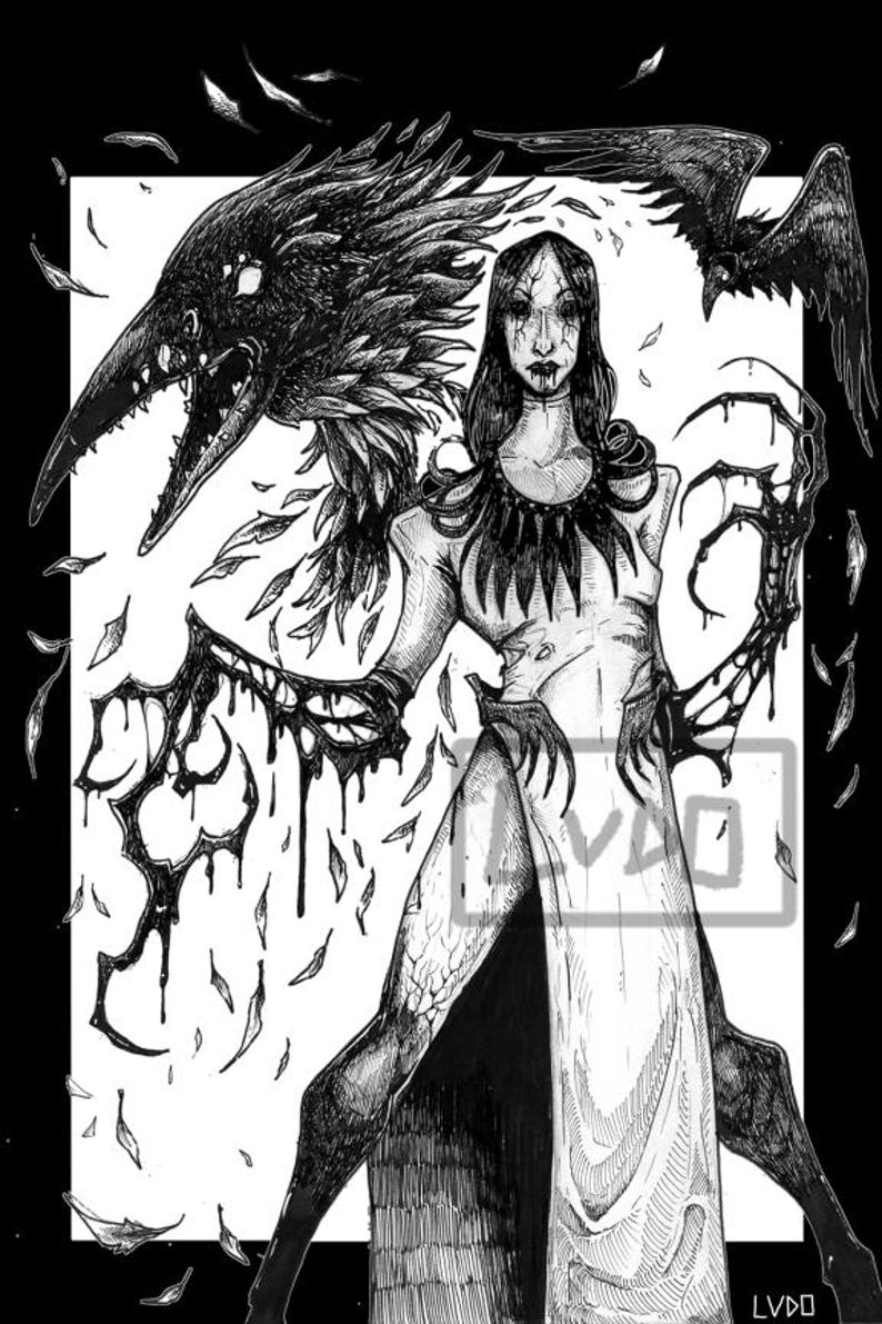May include: A black and white ink illustration featuring a pale figure in a long dress with dark, dripping appendages, surrounded by a large raven head and a smaller flying bird. The artwork includes scattered feathers and the text LVDO in the corner.