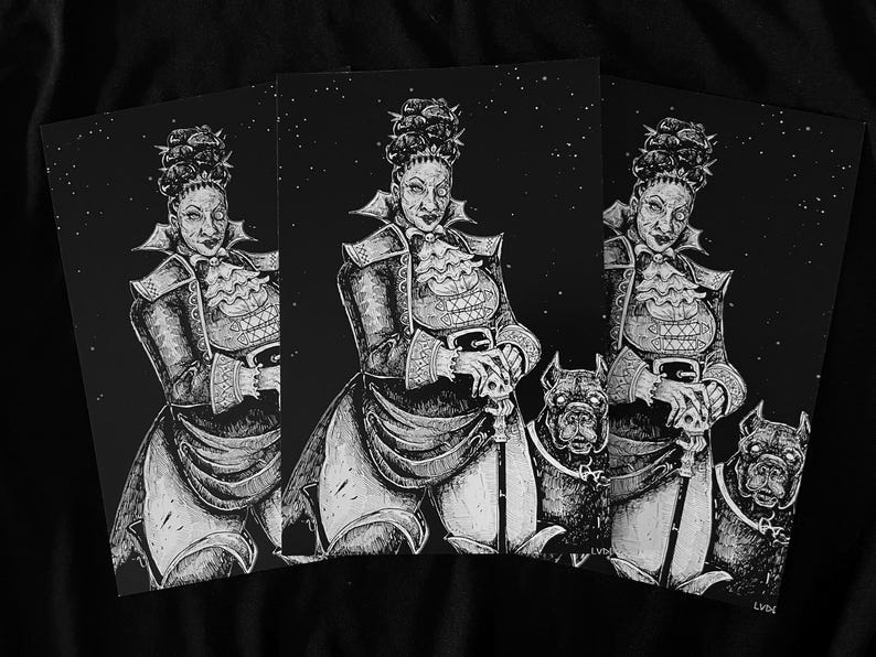 May include: A black and white art print featuring a central figure with an elaborate updo hairstyle, wearing a high-collared jacket with a ruffled jabot, holding a cane topped with a skull, and accompanied by two dogs against a starry background.