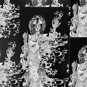 May include: A black and white ink illustration print featuring a central figure with a circular halo, wearing a textured gown, and holding a glowing orb in one hand. The figure is surrounded by swirling, smoke-like patterns against a dark background.