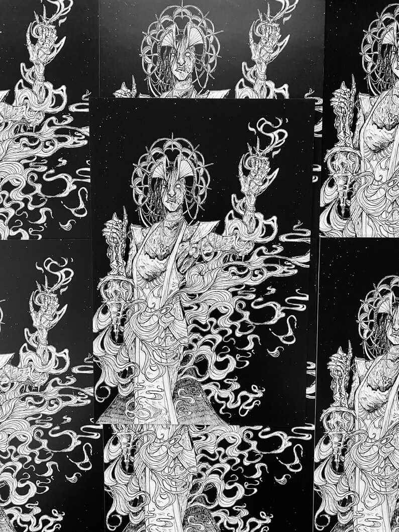 May include: A black and white ink illustration print featuring a central figure with a circular halo, wearing a textured gown, and holding a glowing orb in one hand. The figure is surrounded by swirling, smoke-like patterns against a dark background.