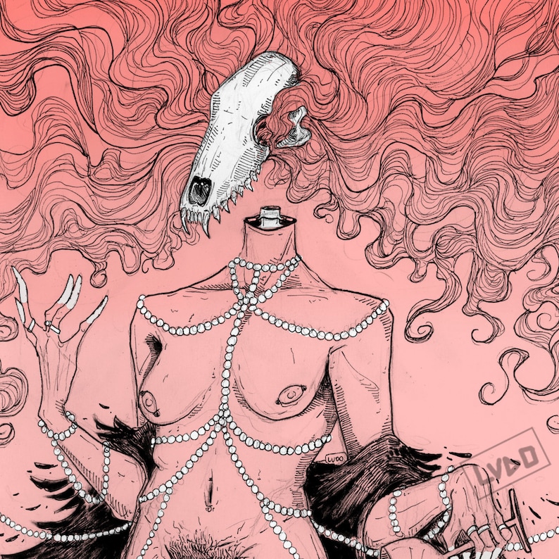 K&ouml;nnte beinhalten: Eine Schwarzwei&szlig;illustration einer kopflosen Frau mit einem Sch&auml;del als Kopf. Sie tr&auml;gt eine Perlenkette und hat langes, flie&szlig;endes Haar. Der Hintergrund ist hellrosa.