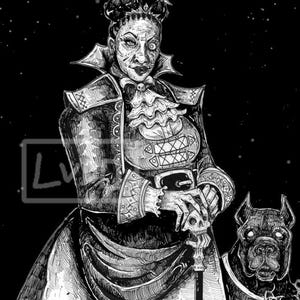 May include: A black and white ink illustration of a figure with an elaborate updo hairstyle, wearing a high-collared jacket with ruffled neck detailing and a belt. The figure holds a cane topped with a skull, accompanied by a dog with a spiked collar.