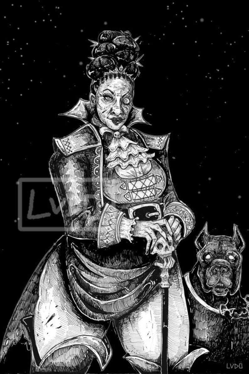 May include: A black and white ink illustration of a figure with an elaborate updo hairstyle, wearing a high-collared jacket with ruffled neck detailing and a belt. The figure holds a cane topped with a skull, accompanied by a dog with a spiked collar.