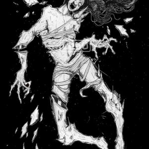 May include: A black and white ink illustration of a fragmented, bandaged humanoid figure floating against a dark background. The figure features long, flowing dark hair, limbs separated at the joints, and sharp, jagged shards surrounding the body.