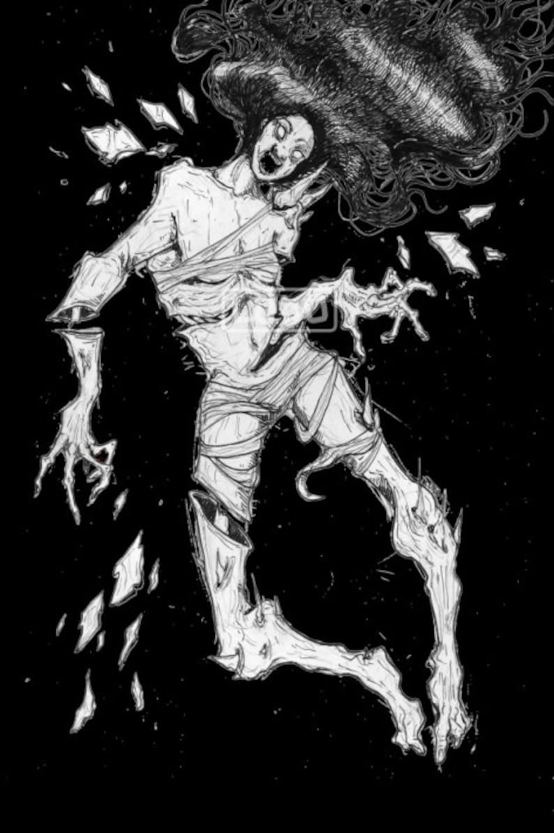 May include: A black and white ink illustration of a fragmented, bandaged humanoid figure floating against a dark background. The figure features long, flowing dark hair, limbs separated at the joints, and sharp, jagged shards surrounding the body.